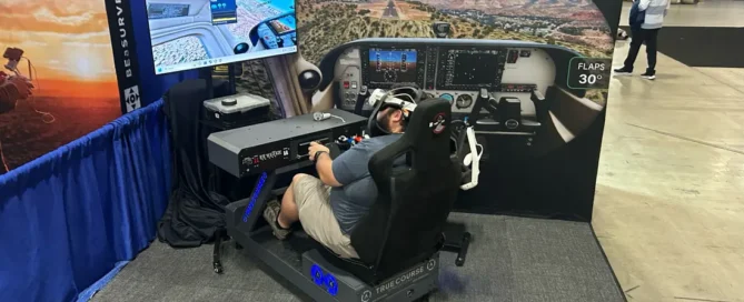 Student pilot using a True Course Simulations VR Immersive Flight Simulators with full seat, controls, and VR headset.